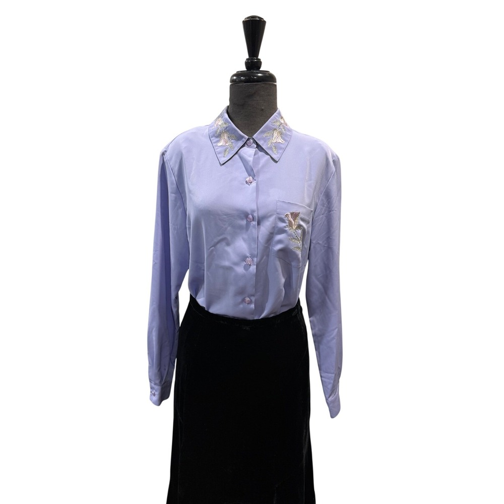 Cathy Che Lavender Embroidered Floral Button Down Blouse Long Sleeve Purple Sz 8